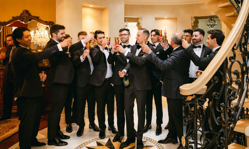 A group of groomsmen in tuxedos toasting with champagne during a formal celebration.