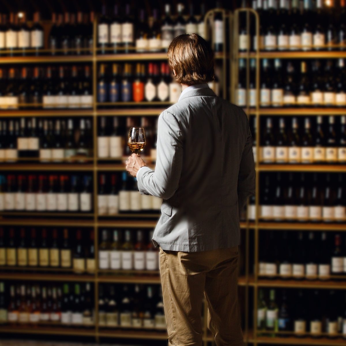 Back view of a sommelier holding a wine glass and examining a cellar with shelves of wine bottles.