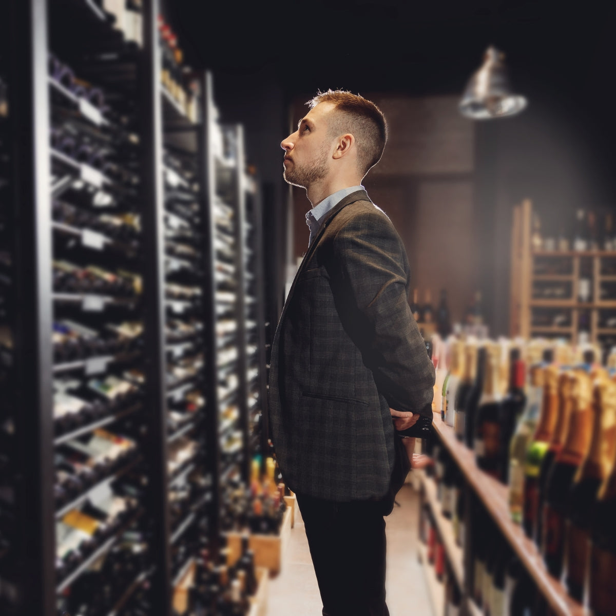 Bartender sommelier selecting a bottle of wine from a rack in a restaurant featuring an extensive collection of exquisite drinks.