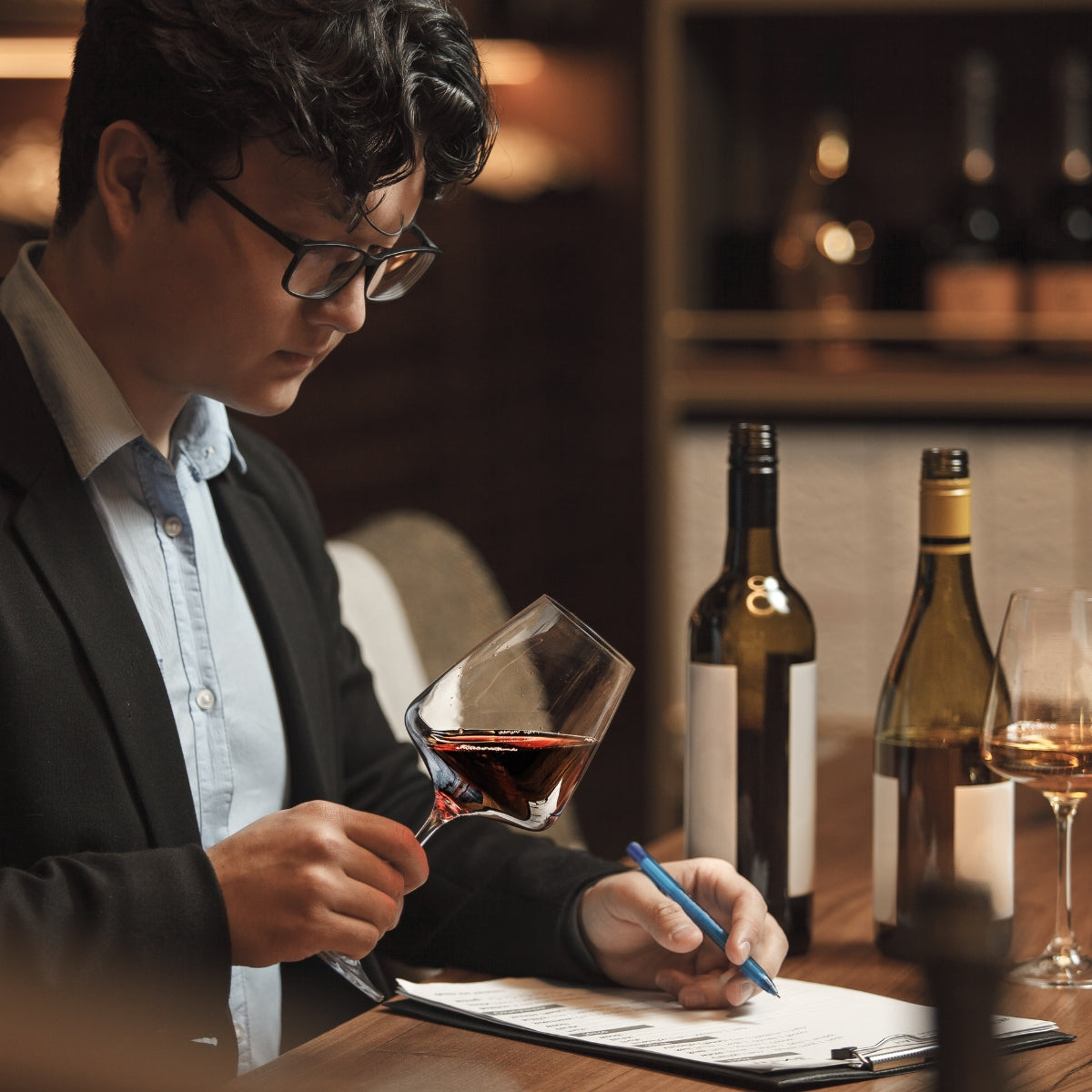Sommelier writing notes while analyzing a glass of red wine in a wine cellar, with bottles and glasses of wine on the table.
